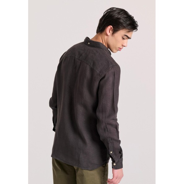 Ανδρικό garment dyed λινό πουκάμισο FUNKY BUDDHA The essentials μαύρο Ανδρικά