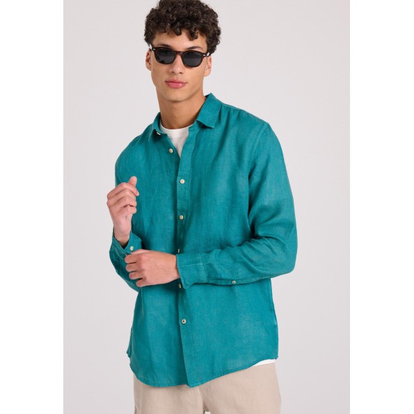 Ανδρικό garment dyed λινό πουκάμισο FUNKY BUDDHA The essentials τιρκουάζ