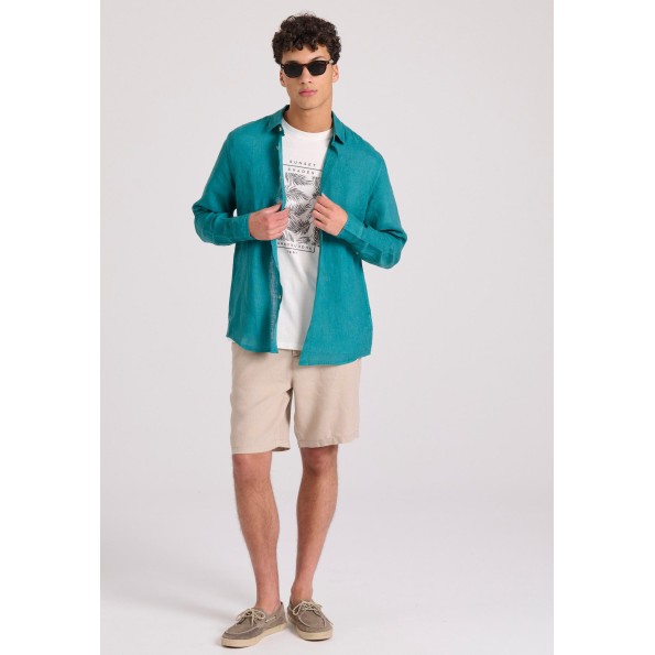 Ανδρικό garment dyed λινό πουκάμισο FUNKY BUDDHA The essentials τιρκουάζ Ανδρικά