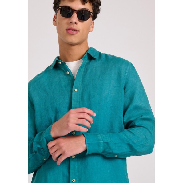 Ανδρικό garment dyed λινό πουκάμισο FUNKY BUDDHA The essentials τιρκουάζ Ανδρικά