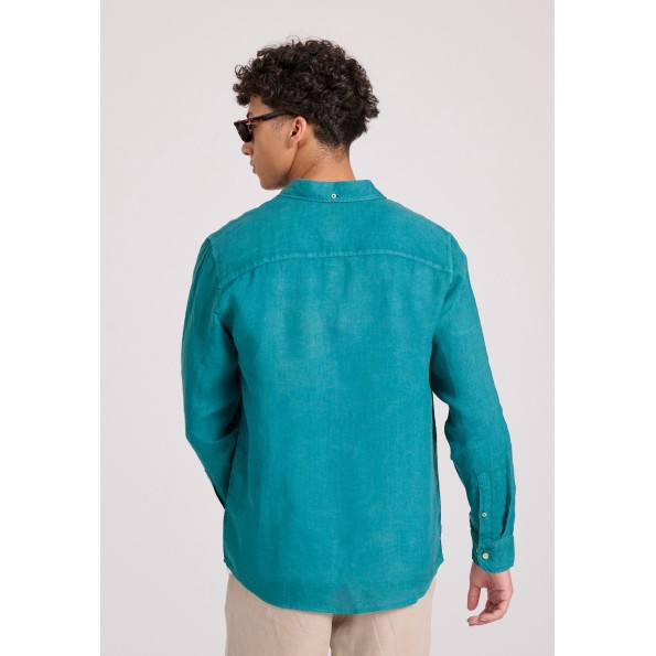 Ανδρικό garment dyed λινό πουκάμισο FUNKY BUDDHA The essentials τιρκουάζ Ανδρικά