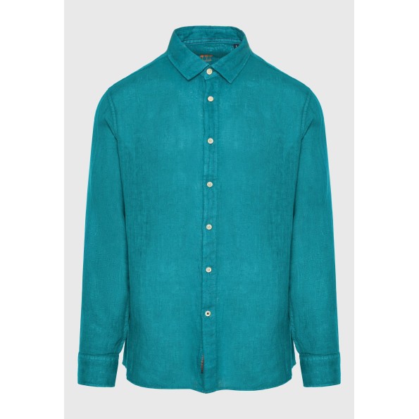 Ανδρικό garment dyed λινό πουκάμισο FUNKY BUDDHA The essentials τιρκουάζ Ανδρικά
