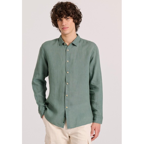 Ανδρικό garment dyed λινό πουκάμισο FUNKY BUDDHA The essentials πράσινο