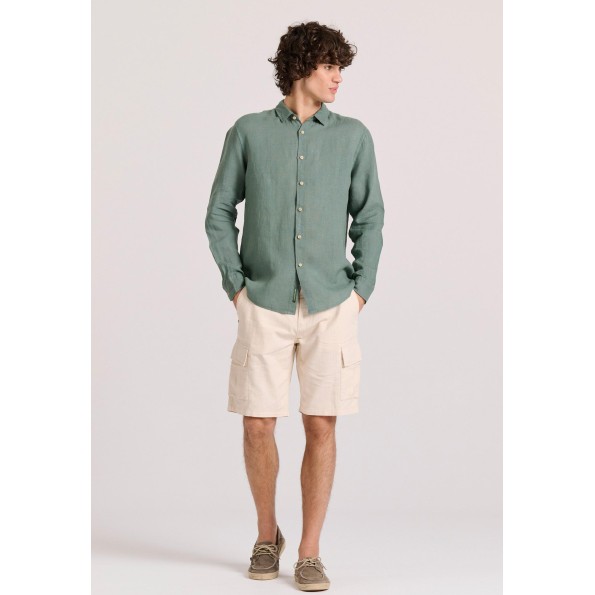 Ανδρικό garment dyed λινό πουκάμισο FUNKY BUDDHA The essentials πράσινο Ανδρικά