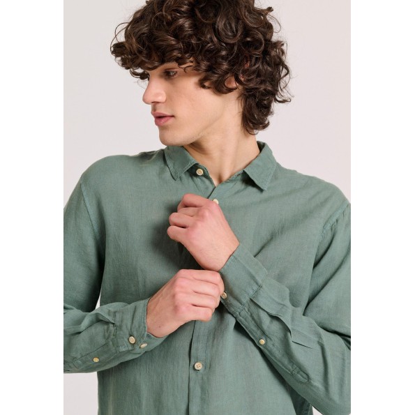 Ανδρικό garment dyed λινό πουκάμισο FUNKY BUDDHA The essentials πράσινο Ανδρικά
