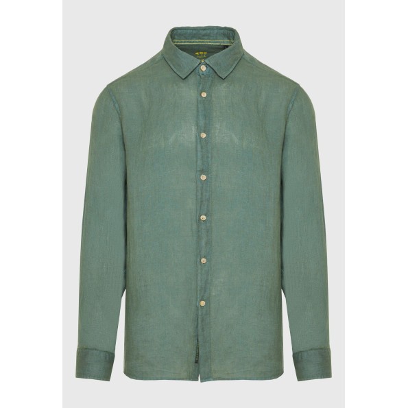 Ανδρικό garment dyed λινό πουκάμισο FUNKY BUDDHA The essentials πράσινο Ανδρικά