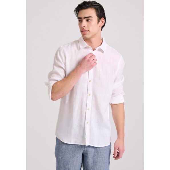 Ανδρικό garment dyed λινό πουκάμισο FUNKY BUDDHA The essentials λευκό