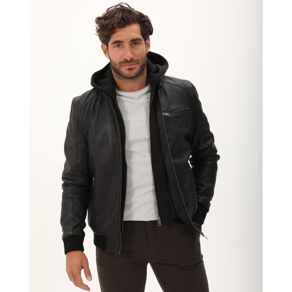 Ανδρικό δερμάτινο jacket NAVY & GREEN μαύρο