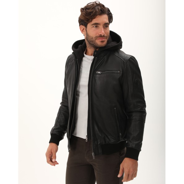 Ανδρικό δερμάτινο jacket NAVY & GREEN μαύρο Ανδρικά