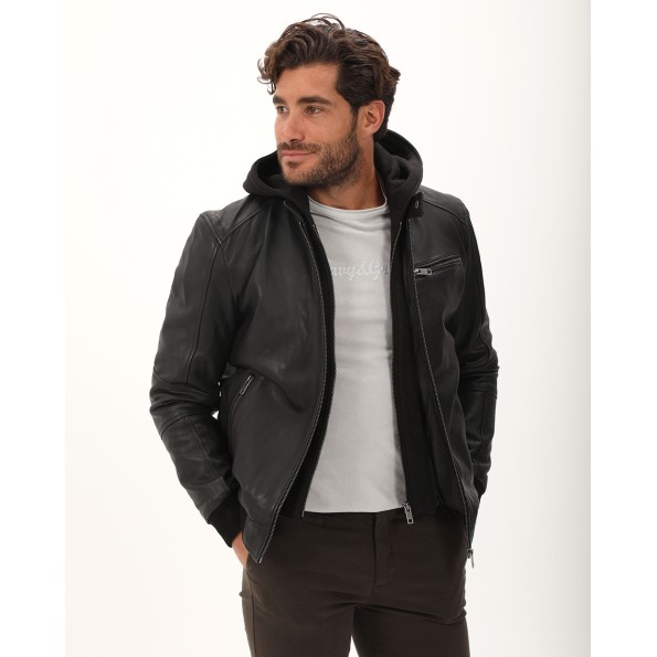 Ανδρικό δερμάτινο jacket NAVY & GREEN μαύρο Ανδρικά