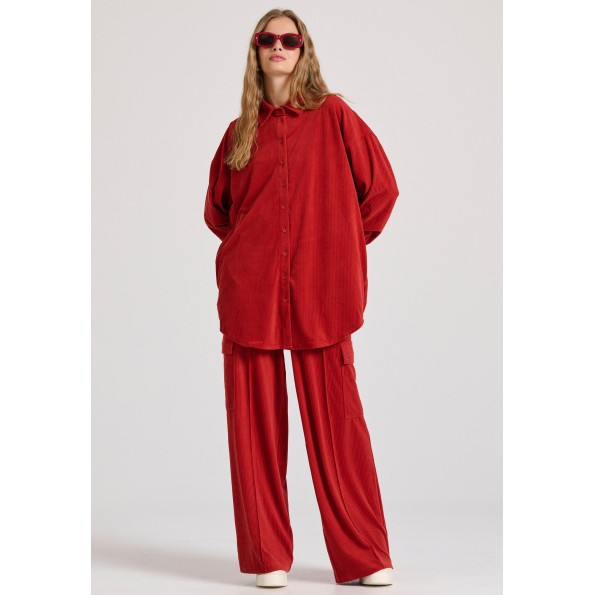 Γυναικείο βελουτέ oversized πουκάμισο FUNKY BUDDHA FBL010-106-05 κόκκινο