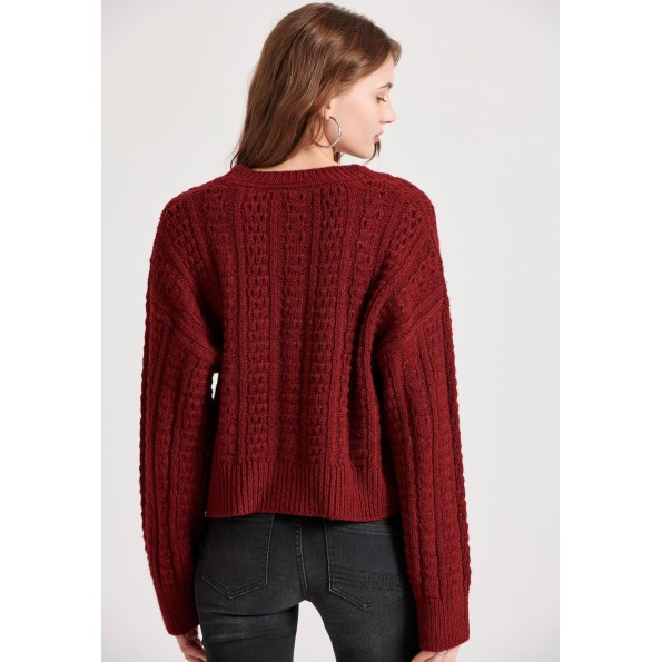 Γυναικεία πλεκτή ζακέτα FUNKY BUDDHA FBL010-121-09 μπορντό Γυναικεία