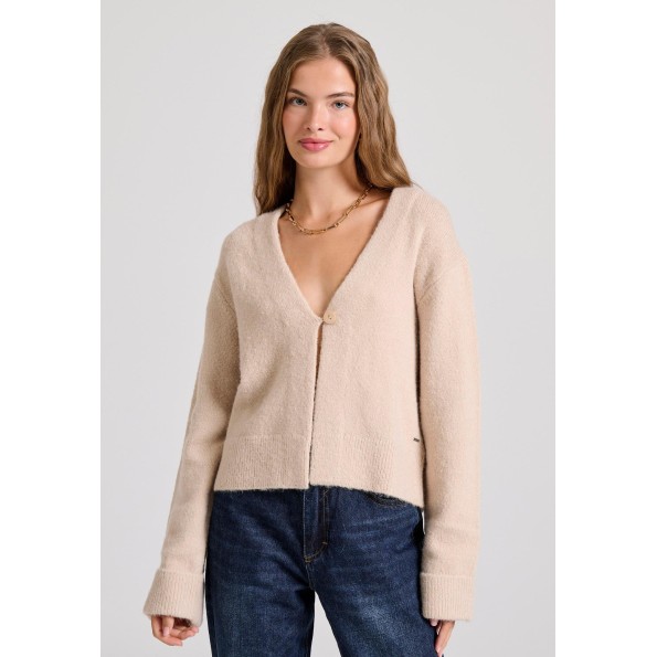 Γυναικεία πλεκτή ζακέτα FUNKY BUDDHA FBL010-118-09 μπεζ
