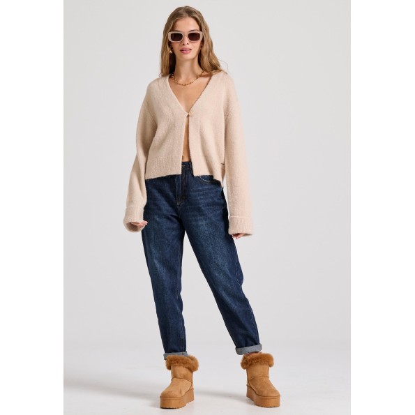 Γυναικεία πλεκτή ζακέτα FUNKY BUDDHA FBL010-118-09 μπεζ Γυναικεία