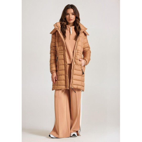 Γυναικείο μακρύ puffer μπουφάν FUNKY BUDDHA FBL010-101-01 καμηλό Γυναικεία